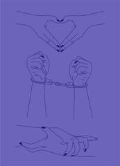 Vector set of abstract logo design templates in simple linear style - hands in different gestures - heart made by hands, okay gesture, hands in shackles, crossed fingers in minimalism