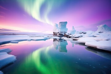 arctic sea reflecting a purple aurora during winter - obrazy, fototapety, plakaty