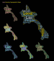 Laos. Set of typography style country illustrations. Laos map shape build of horizontal and vertical country names. Vector illustration.