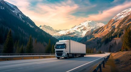 Obraz premium A truck drives along a mountain road, cargo delivery logistics