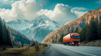 A truck drives along a mountain road, cargo delivery logistics