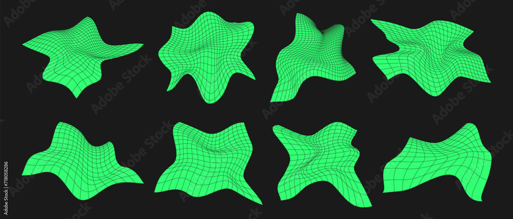Poster set of distorted cyber grids. cyberpunk geometry element y2k style. isolated green mesh on black bac