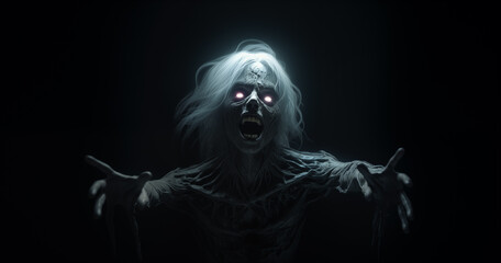 Halloween horror white undead ghost screaming on black background