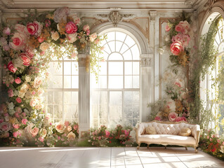 Fototapeta na wymiar Decorative Floral pattern interior for wedding, ceremony, arch window, windoe 