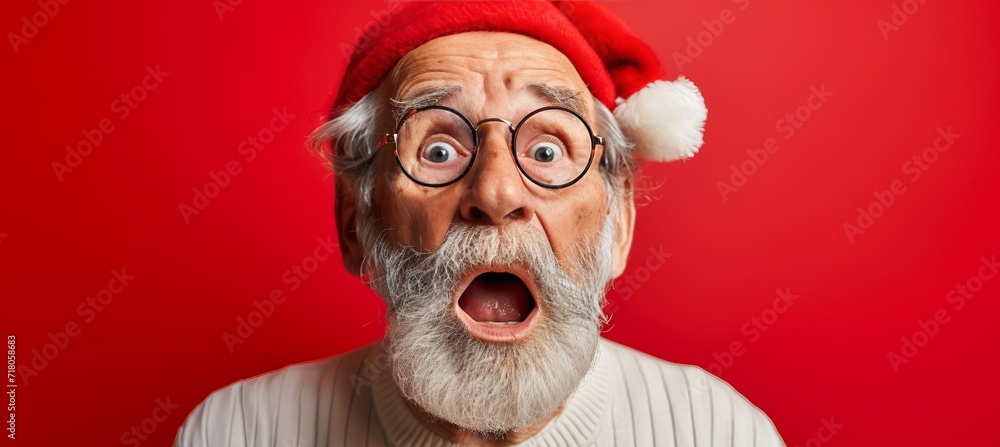 Aufkleber surprised santa claus expressing shock on red background with space for text placement
