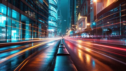 Fototapeta na wymiar Light trails on the modern building background. Light trails at night in urban environment, Abstract Motion Blur City, traffic, transportation, street, road, speed