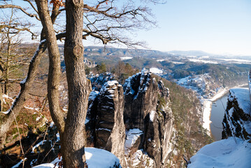famous Bastei in saxony covered with snow. Saxon Switzerland. January 2024