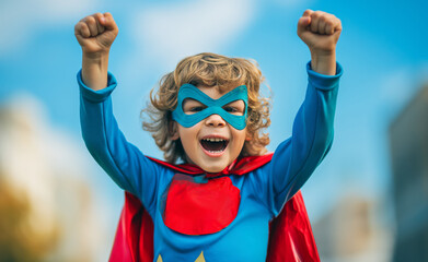 A little superhero in a red cape with a star. A happy smiling child with glasses, ready to learn. Success, the concept of motivation. Back to school. Little businessman isolated on colored background,