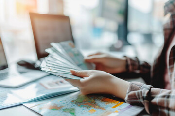 travel consultant explaining the features of different ticket options, with a neat and professional desk setup and a softly blurry background, conveying reliability and expertise i