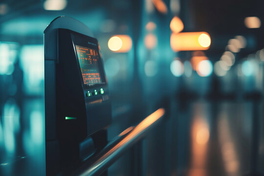 travel ticket being scanned at an airport gate, with a sleek and modern blurry background, illustrating the efficiency and technology integration in commercial travel