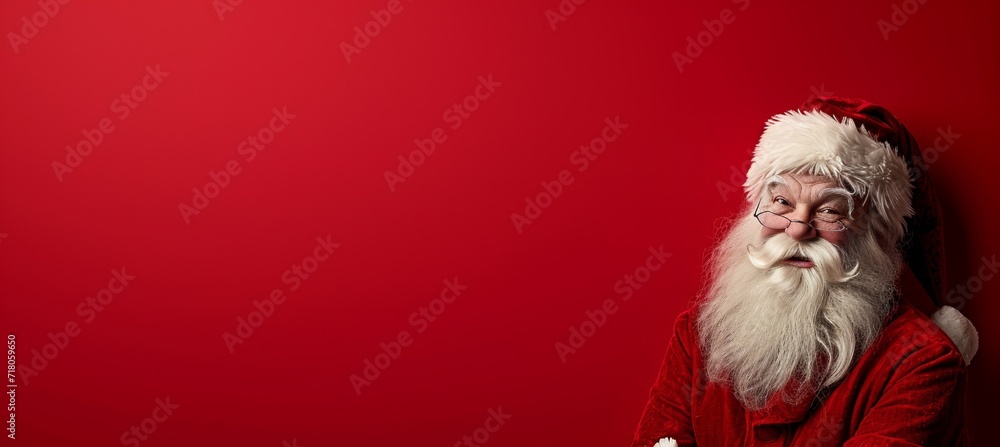 Poster playful and energetic santa claus on a red background with ample space for text placement