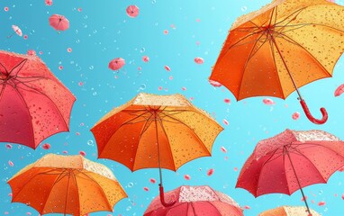 Concept colorful umbrella floating in the bright blue sky background.