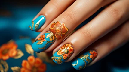 Zelfklevend Fotobehang Vibrant close up of intricately crafted nail art designs with bright studio lighting © Ilja