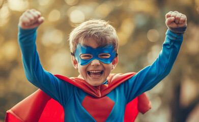 A little superhero in a red cape with a star. A happy smiling child with glasses, ready to learn. Success, the concept of motivation. Back to school. Little businessman isolated on colored background,