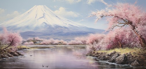 view of Mt.Fuji from the park with sakura trees oil painting of good quality and detail, image made with generative ai technology