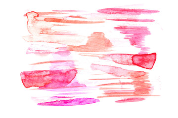 Abstract liquid art background. Multicolor watercolor translucent blots and brush strokes on white paper, red pink splashes