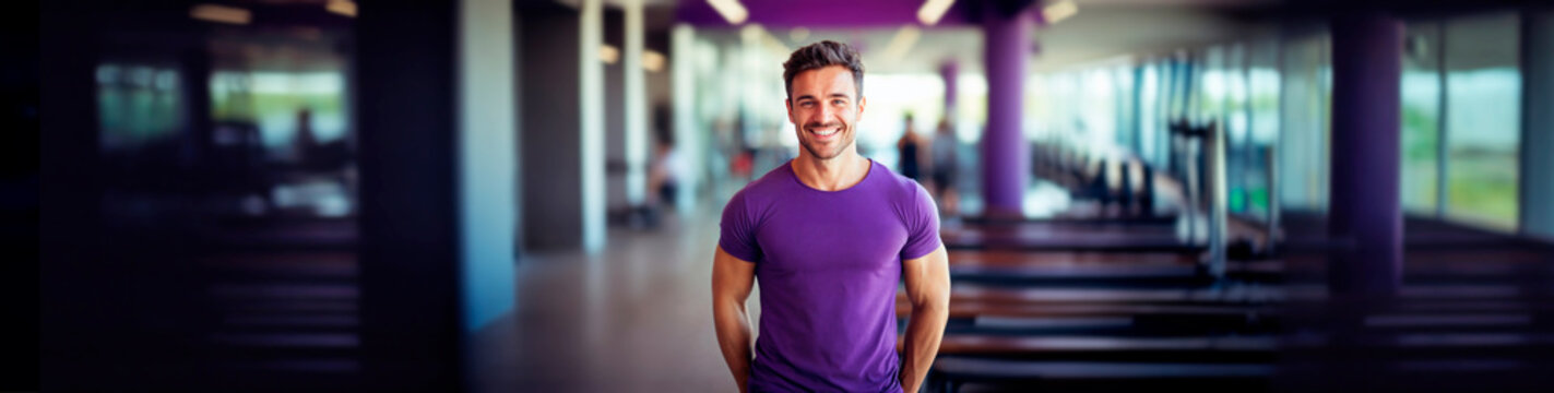 A banner with a fitness trainer in a purple T-shirt. A mockup of purple sportswear. A fitness advertising banner with purple branding color. Advertising a healthy lifestyle and weight loss