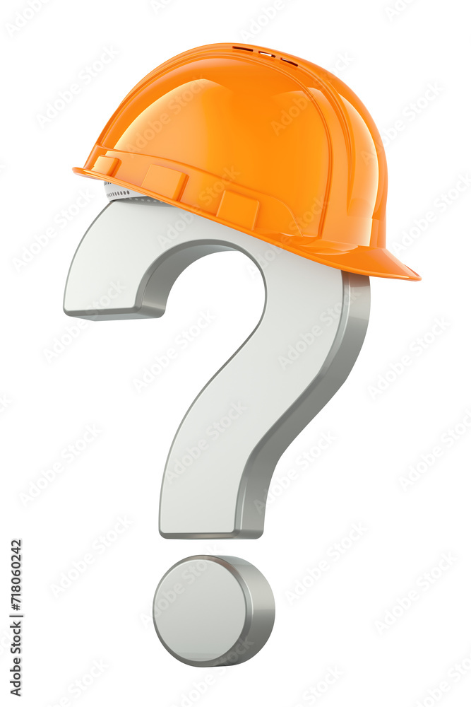Poster question mark with orange hard hat, 3d rendering isolated on transparent background
