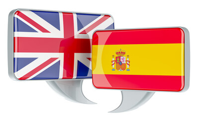 Speech balloons with British and Spanish flags. English-Spanish conversation concept, 3D rendering isolated on transparent background