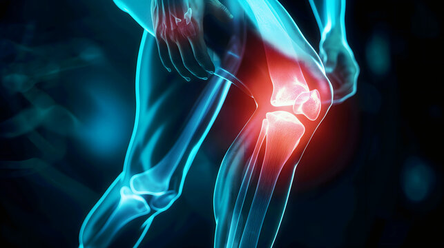 Blue-tinted 3D X-ray image showcasing the anatomy of a human knee joint, revealing medical details related to pain, injury, arthritis, and overall bone health