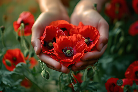 A hand that gently holds a red poppy It is a symbol of respect and remembrance for those who serve.