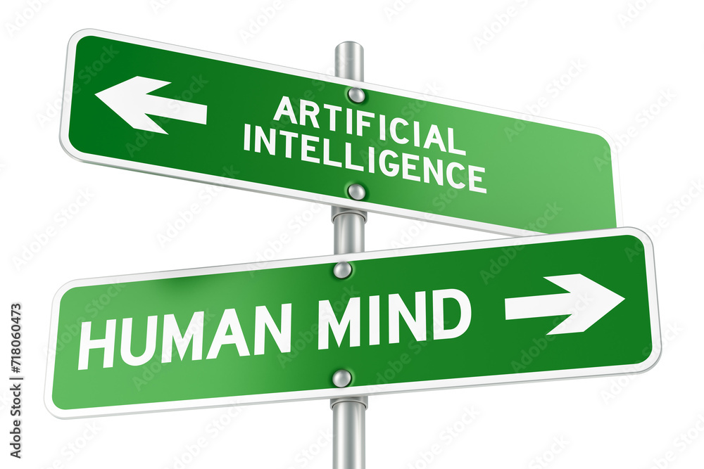 Poster artificial intelligence or human mind. opposite traffic sign, 3d rendering isolated on transparent b