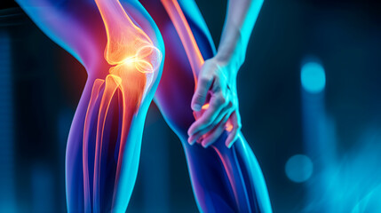 Blue-tinted 3D X-ray image showcasing the anatomy of a human knee joint, revealing medical details related to pain, injury, arthritis, and overall bone health - obrazy, fototapety, plakaty
