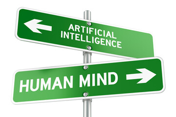 Artificial Intelligence or Human Mind. Opposite traffic sign, 3D rendering isolated on transparent background
