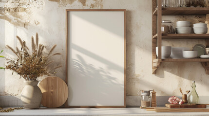 Fototapeta na wymiar Frame mockup in contemporary minimalist beige room interior. Generative Ai
