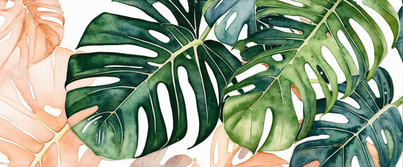 Close up of the uniquely shaped monstera leaf. Tropical plant illustration.