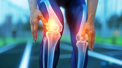 Blue-tinted 3D X-ray image showcasing the anatomy of a human knee joint, revealing medical details related to pain, injury, arthritis, and overall bone health