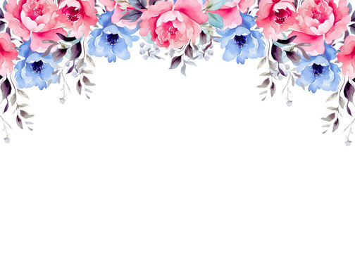 Watercolor floral BORDER / FRAME horizontal PNG with transparent background, with blue and pink flowers.
