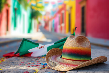 Fototapeta premium Straw Hat and Umbrella Resting on the Ground, Perfect for a Summer Day Outdoors, traditional mexican sombrero and flag. 