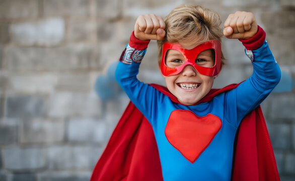 A little superhero in a red cape with a star. A happy smiling child with glasses, ready to learn. Success, the concept of motivation. Back to school. Little businessman isolated on colored background,