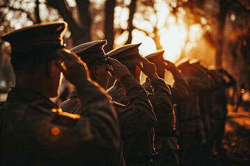 Group of veterans standing in formation, saluting during a solemn ceremony, portraying honor and respect. - obrazy, fototapety, plakaty