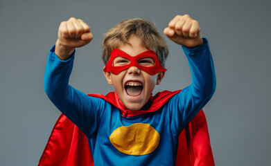 A little superhero in a red cape with a star. A happy smiling child with glasses, ready to learn. Success, the concept of motivation. Back to school. Little businessman isolated on colored background,