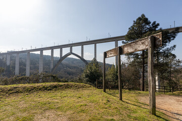 A Ponte Ulla, Spain. The viaduct of San Xoan da Cova, a stone and iron rail bridge over the river Ulla. Tallest train bridge in Spain