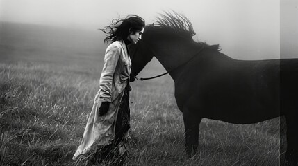 Young woman in black dress with her black horse outdoor. - obrazy, fototapety, plakaty