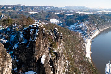 famous Bastei in saxony covered with snow. Saxon Switzerland. January 2024
