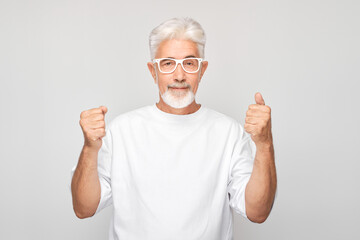 Portrait of smiling face gray-haired man clenching fists and rejoicing, celebrating victory...