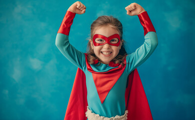 A little superhero in a red cape with a star. A happy smiling child with glasses, ready to learn. Success, the concept of motivation. Back to school. Little businessman isolated on colored background,