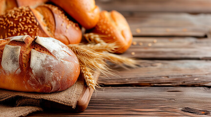 Fototapeta na wymiar Delicious fresh bread on wooden background, Space for test. Copyspace
