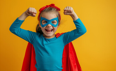 A little superhero in a red cape with a star. A happy smiling child with glasses, ready to learn. Success, the concept of motivation. Back to school. Little businessman isolated on colored background,