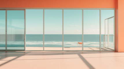 Peach Fuzz color minimalist house interior with ocean view