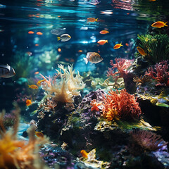 Fototapeta na wymiar coral reef with tropical fish swimming in aquarium