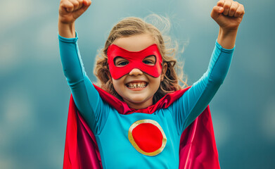A little superhero in a red cape with a star. A happy smiling child with glasses, ready to learn. Success, the concept of motivation. Back to school. Little businessman isolated on colored background,