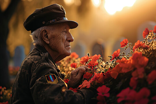 Veteran visiting a war memorial or cemetery, standing in contemplation or laying flowers to honor fallen comrades.