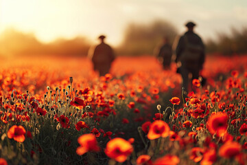 Veterans walking through a field of red poppies, symbolizing their connection to fallen comrades and the legacy of service. - obrazy, fototapety, plakaty