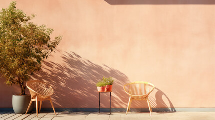 Sunlit Home Terrace with Peach Fuzz color Walls, minimalist background