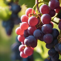 AI generated illustration of grapes glistening on a vine in the morning sun at a vineyard
